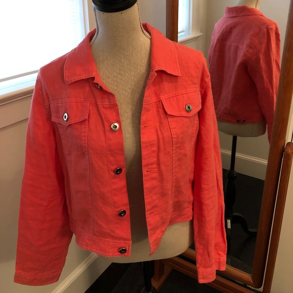 ALEXANDRA BARTLETT 100% Linen Coral / Peach jean style jacket szL